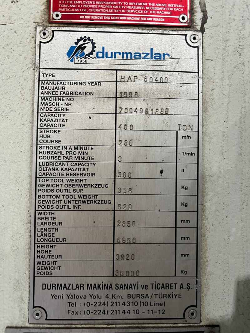 Durmazlar 400 Tonne X Width 6000Mm Press Brake Durmazlar 400 Tonne X Width 6000Mm Press Brake